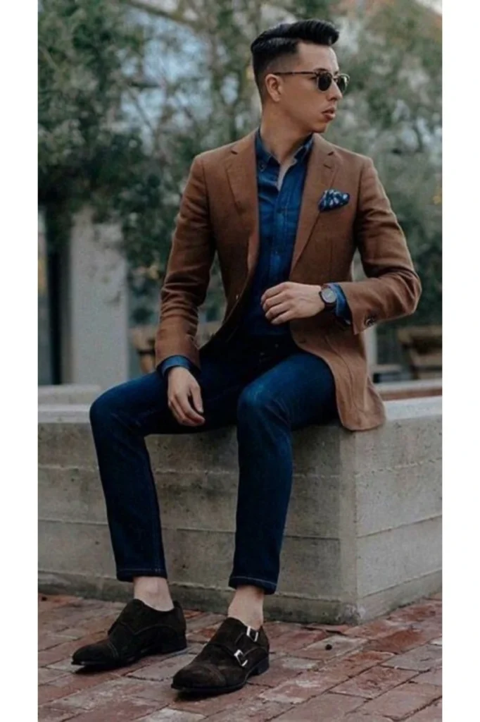 Brown Blazer with Blue Shirt and Blue Pants 