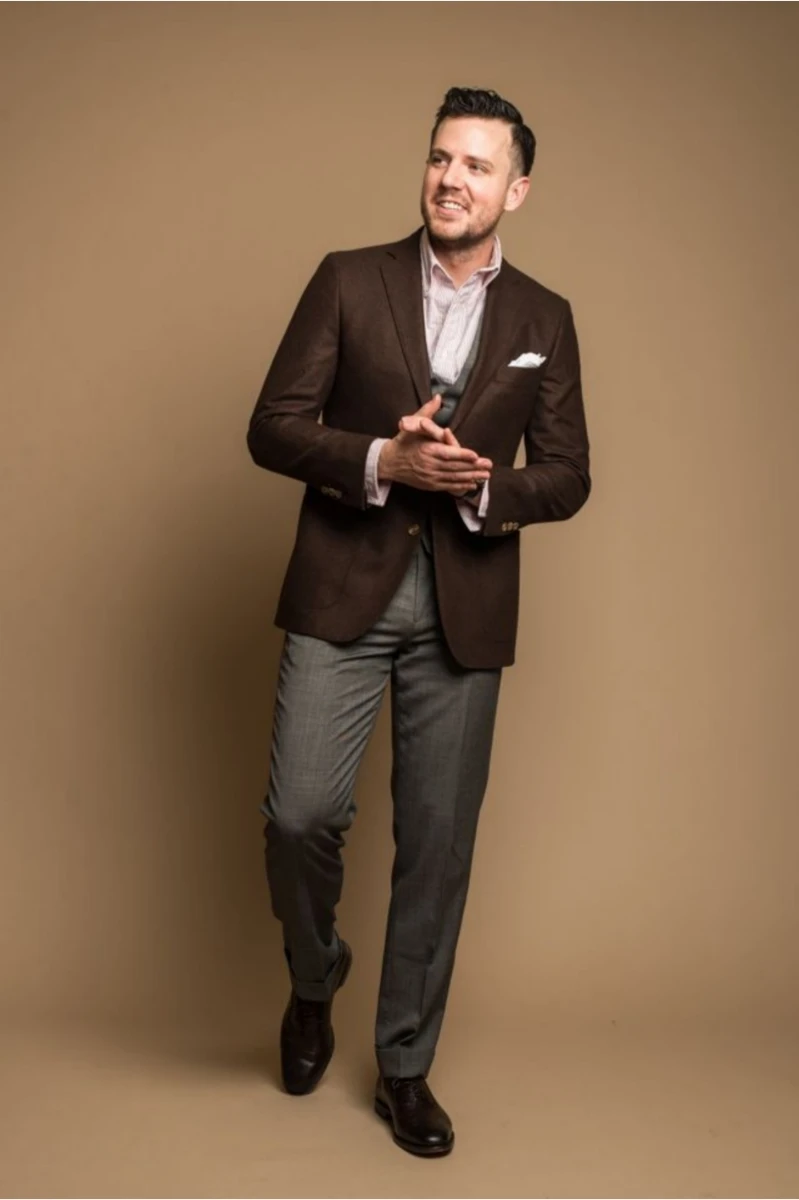 Brown Blazer with Light Pink Shirt and Dark Grey Pants 