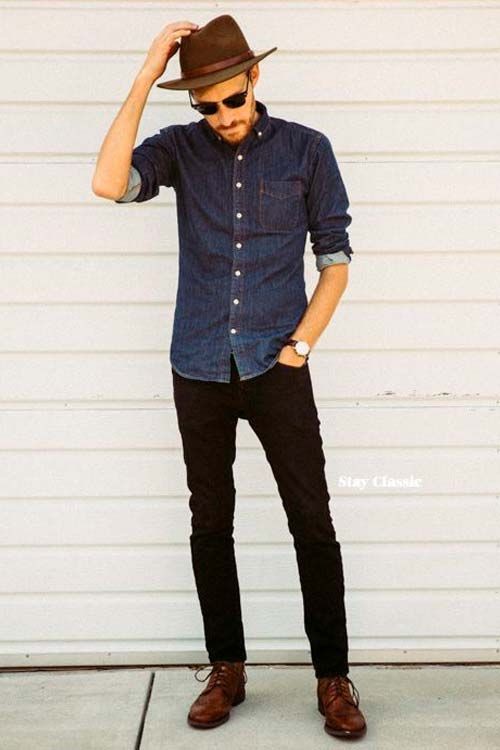 Denim blue shirt with black pants