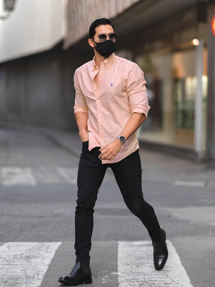 Peach Shirt and Black Pants