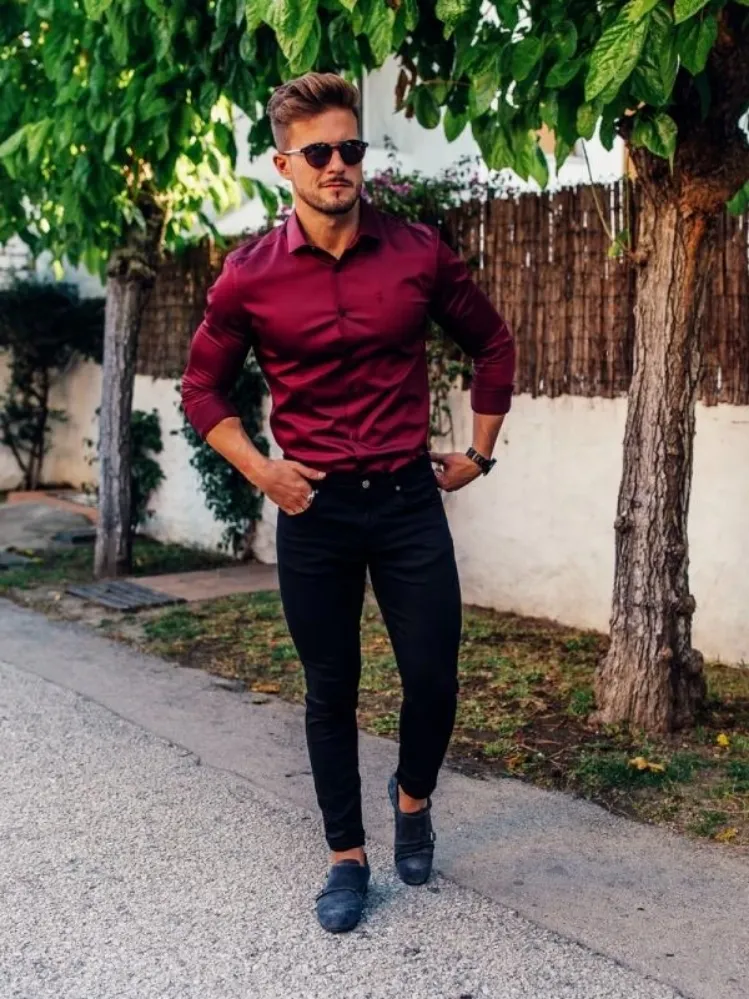 Maroon Shirt and Black Pants