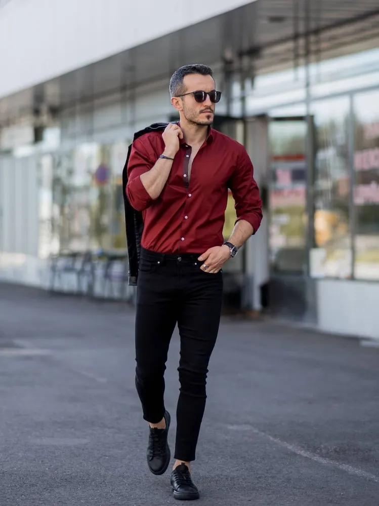 Maroon Shirt and Black Pants