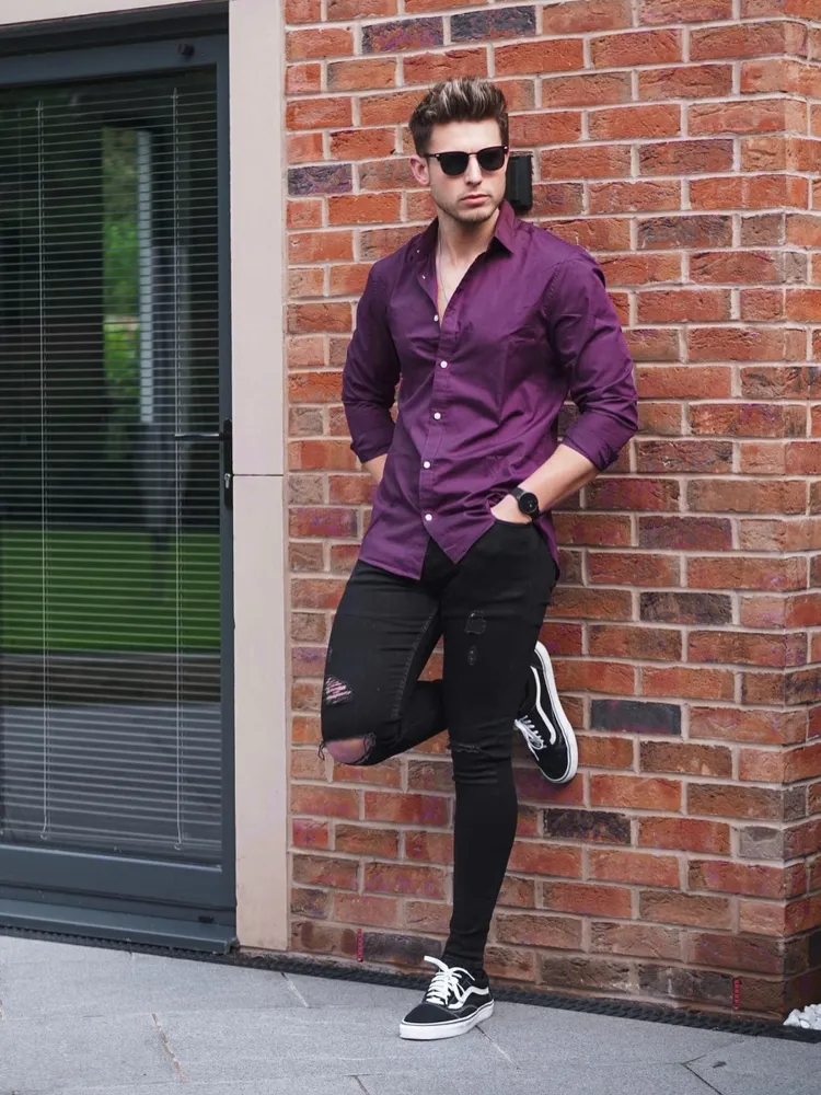 Purple shirt black jeans casual