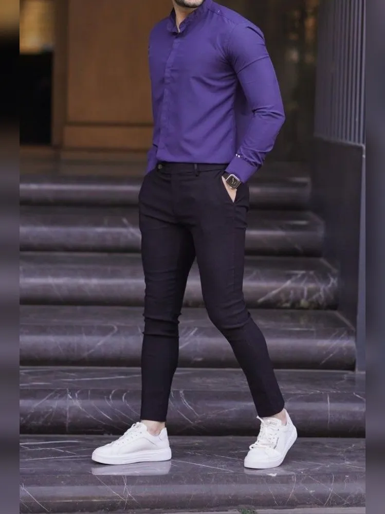 Purple shirt with black pants