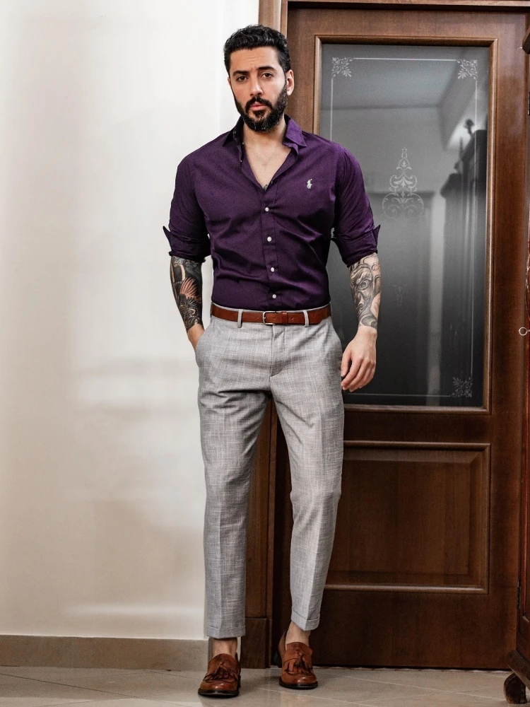 Dark purple shirt light grey pant