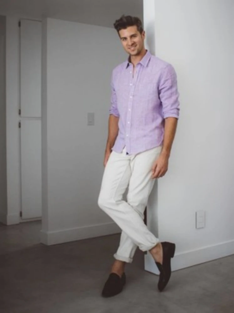 Light purple shirt white pants