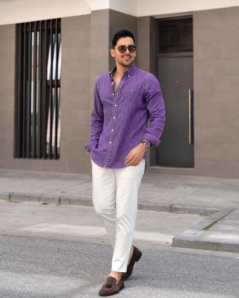 Purple shirt white pant casual