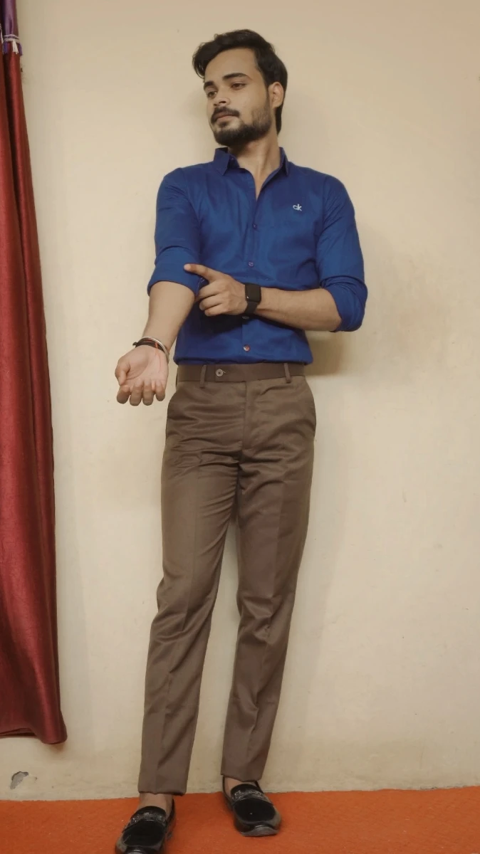 Brown Pant blue shirt