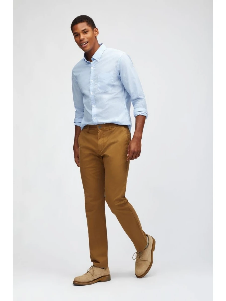 Brown Pant light blue shirt