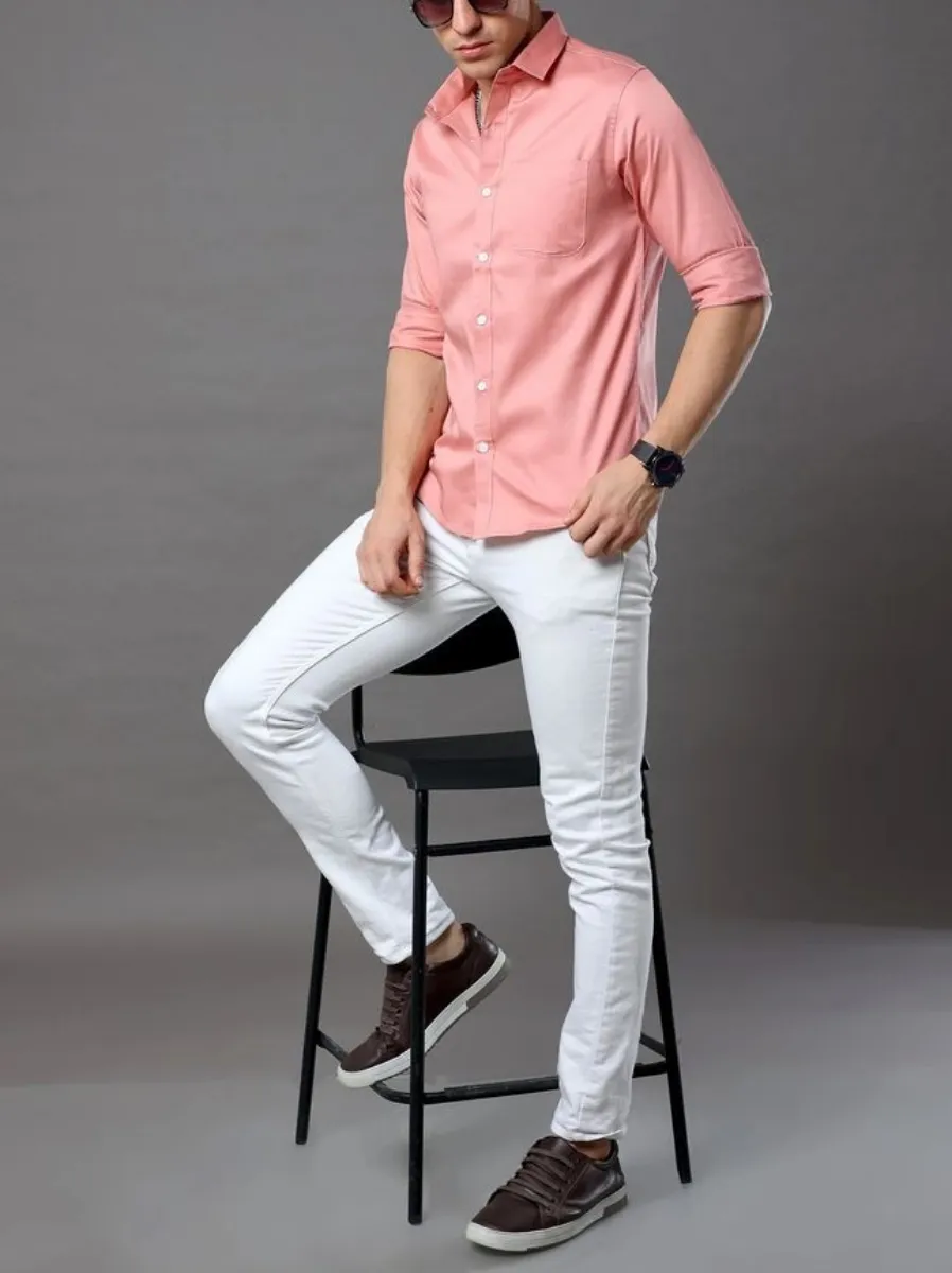 Peach color shirt with white pants