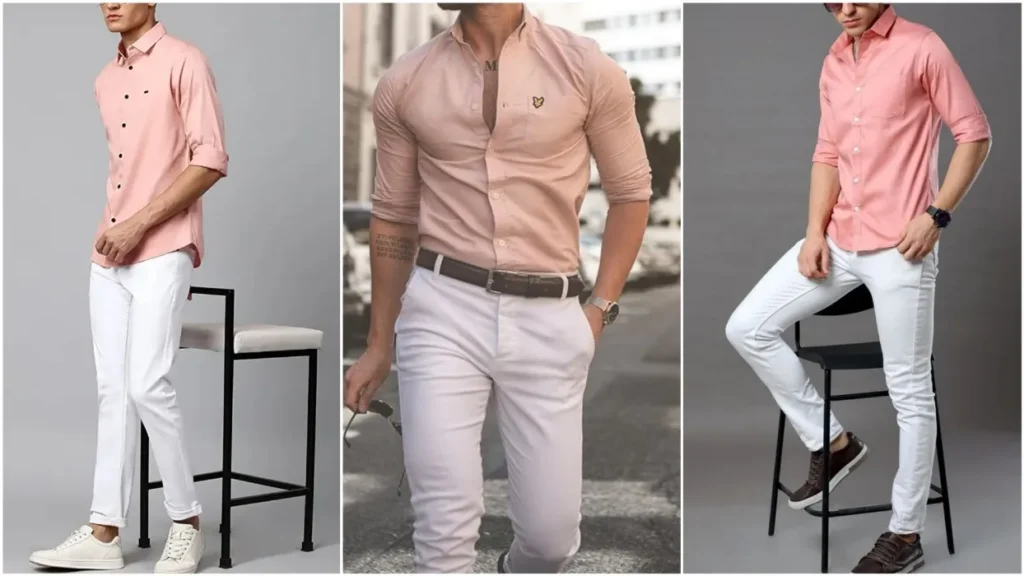Peach colour shirt with white pants