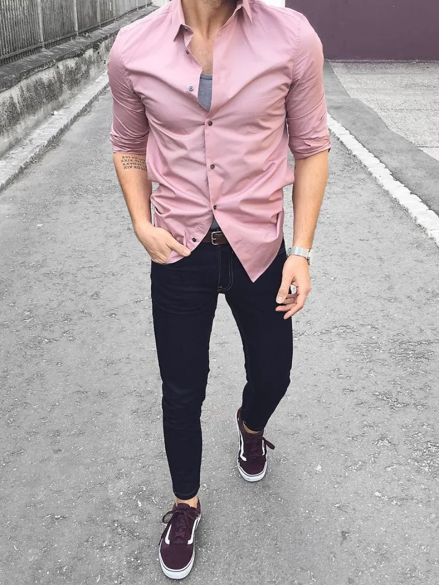 Peach color shirt with black pants