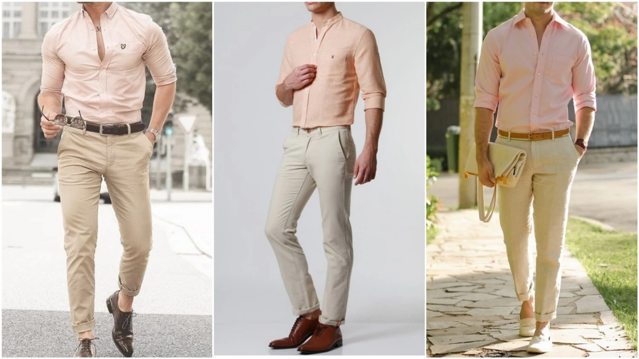 Peach color shirt with khaki pants