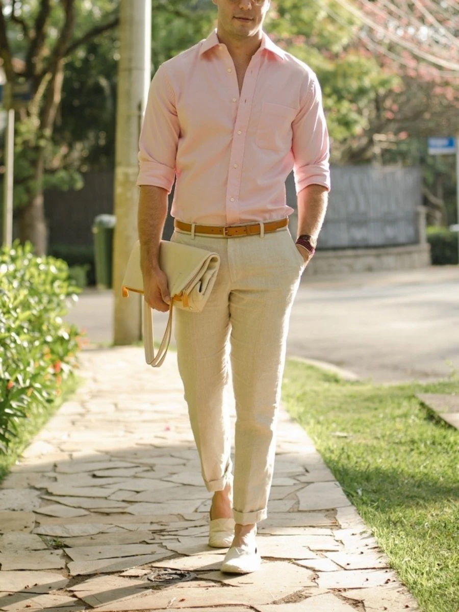 Peach color shirt with biege pants