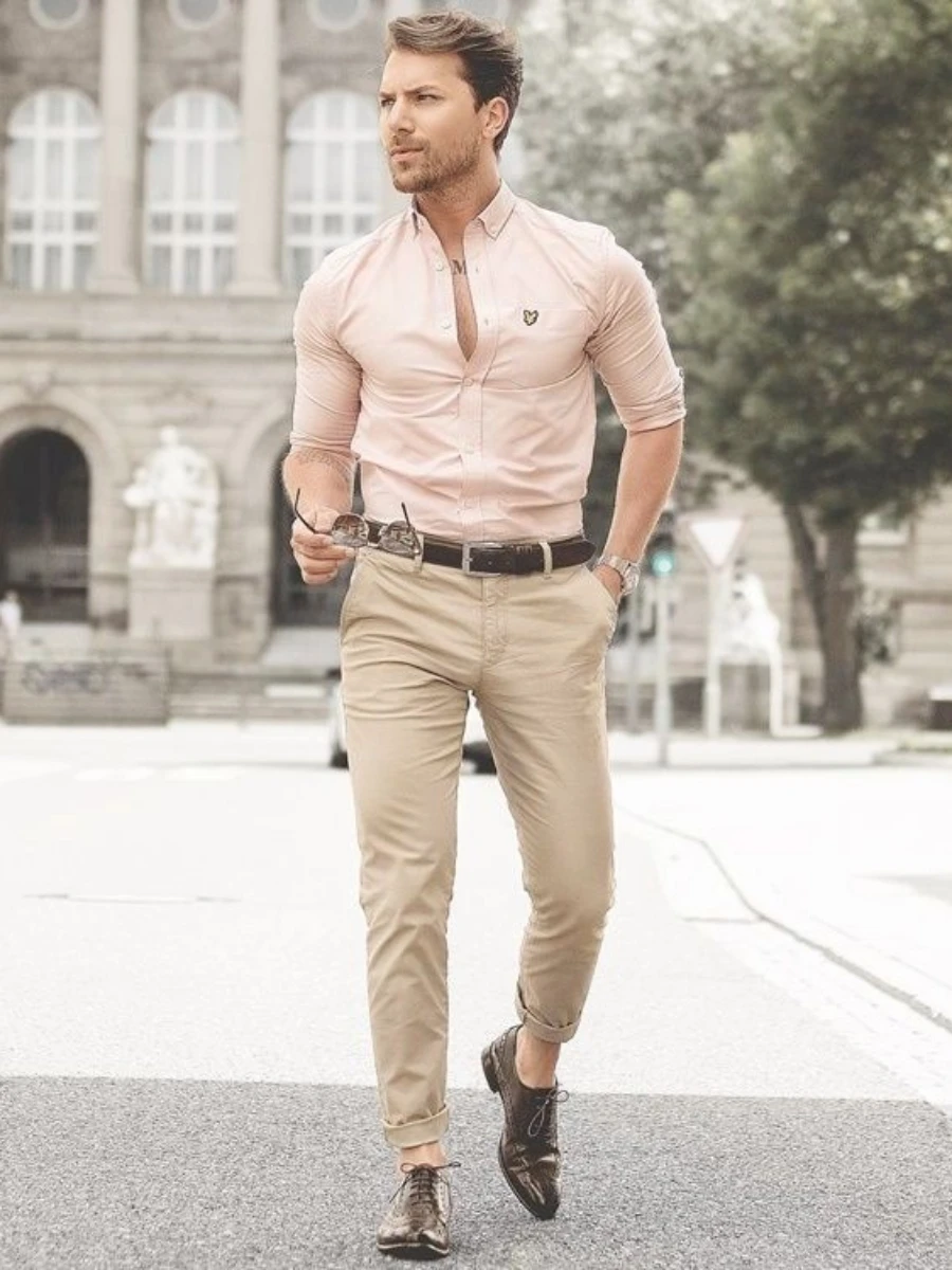 Peach color shirt with camel color pants