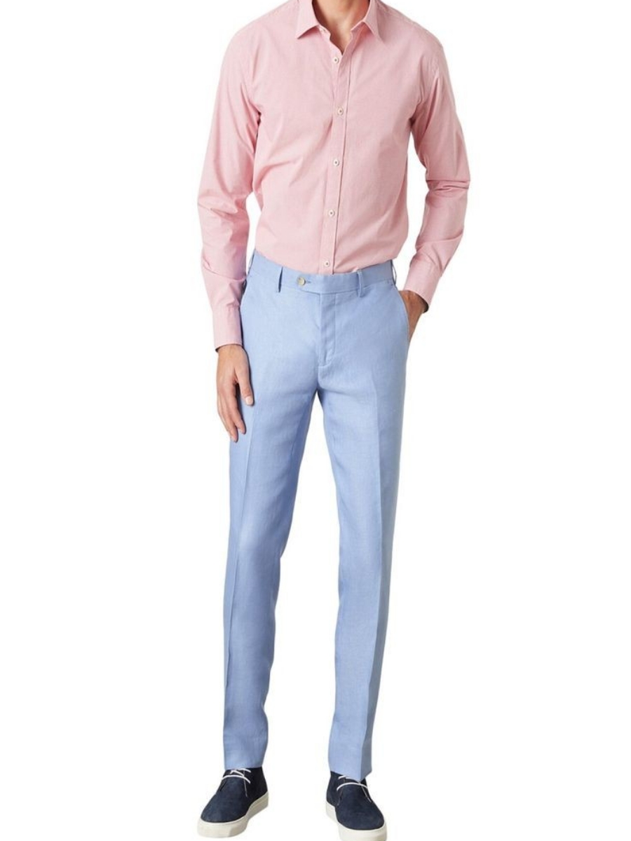 Peach color shirt with light blue pants