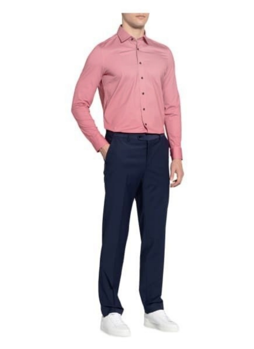 Peach color shirt with navy blue pants