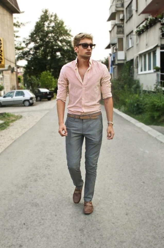Peach color shirt with dark gray pants