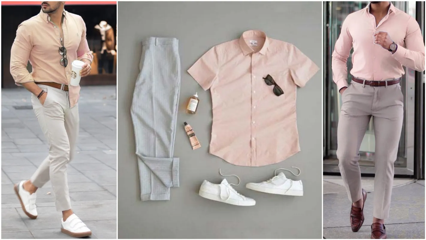 Peach color shirt with light grey pants