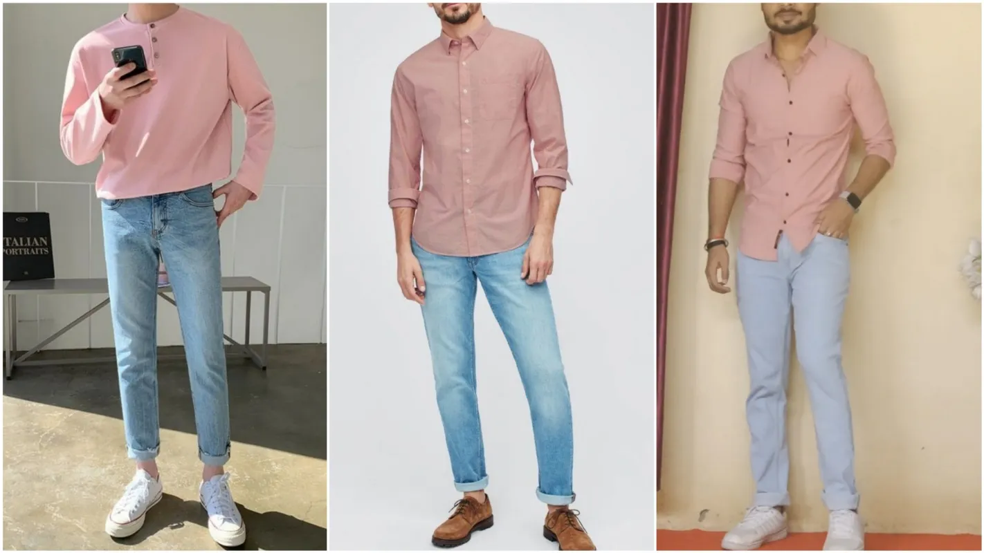 Peach color shirt with blue jeans pants