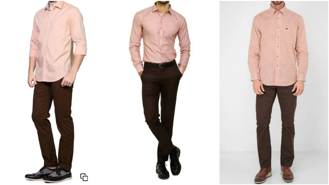 Peach color shirt with brown pants