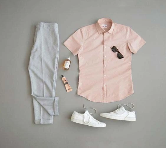 Peach colour shirt with light gray pants