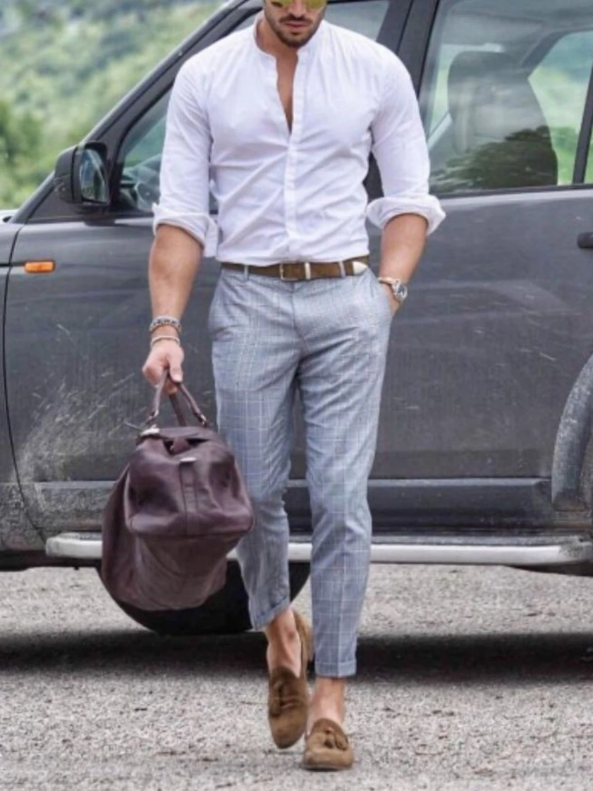 White shirt light grey pants