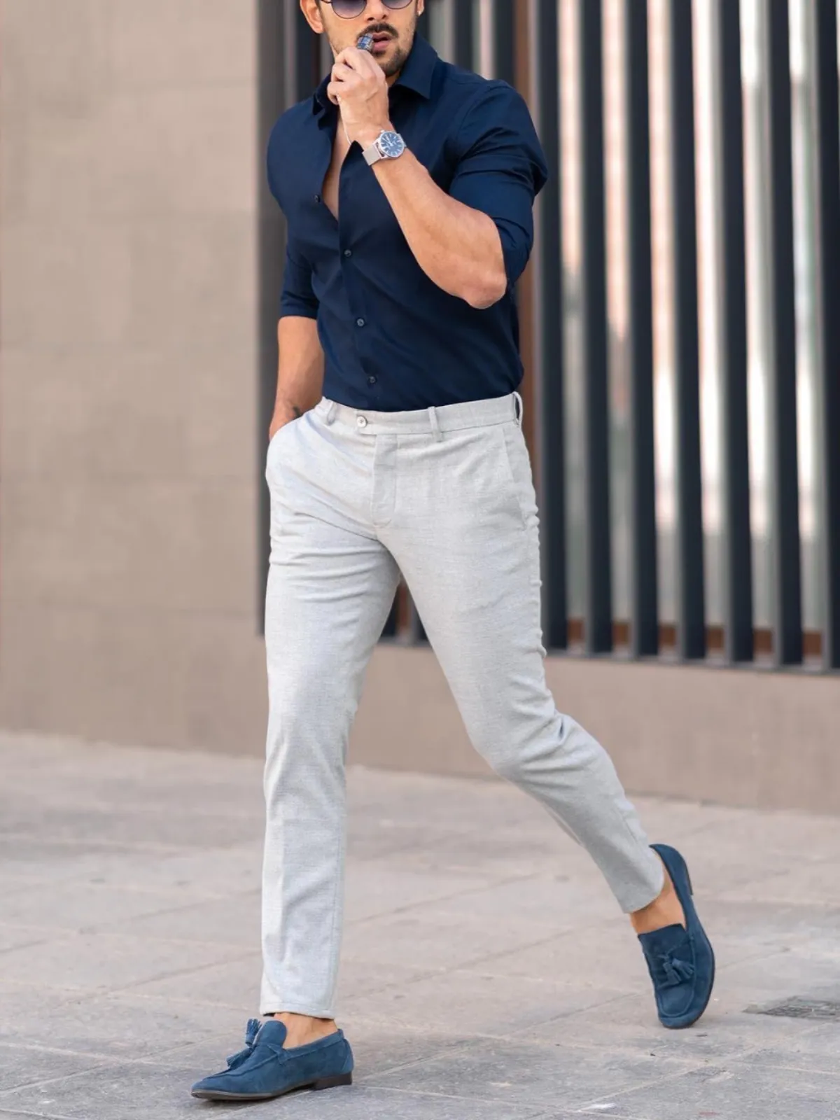 Navy Blue shirt light grey pants