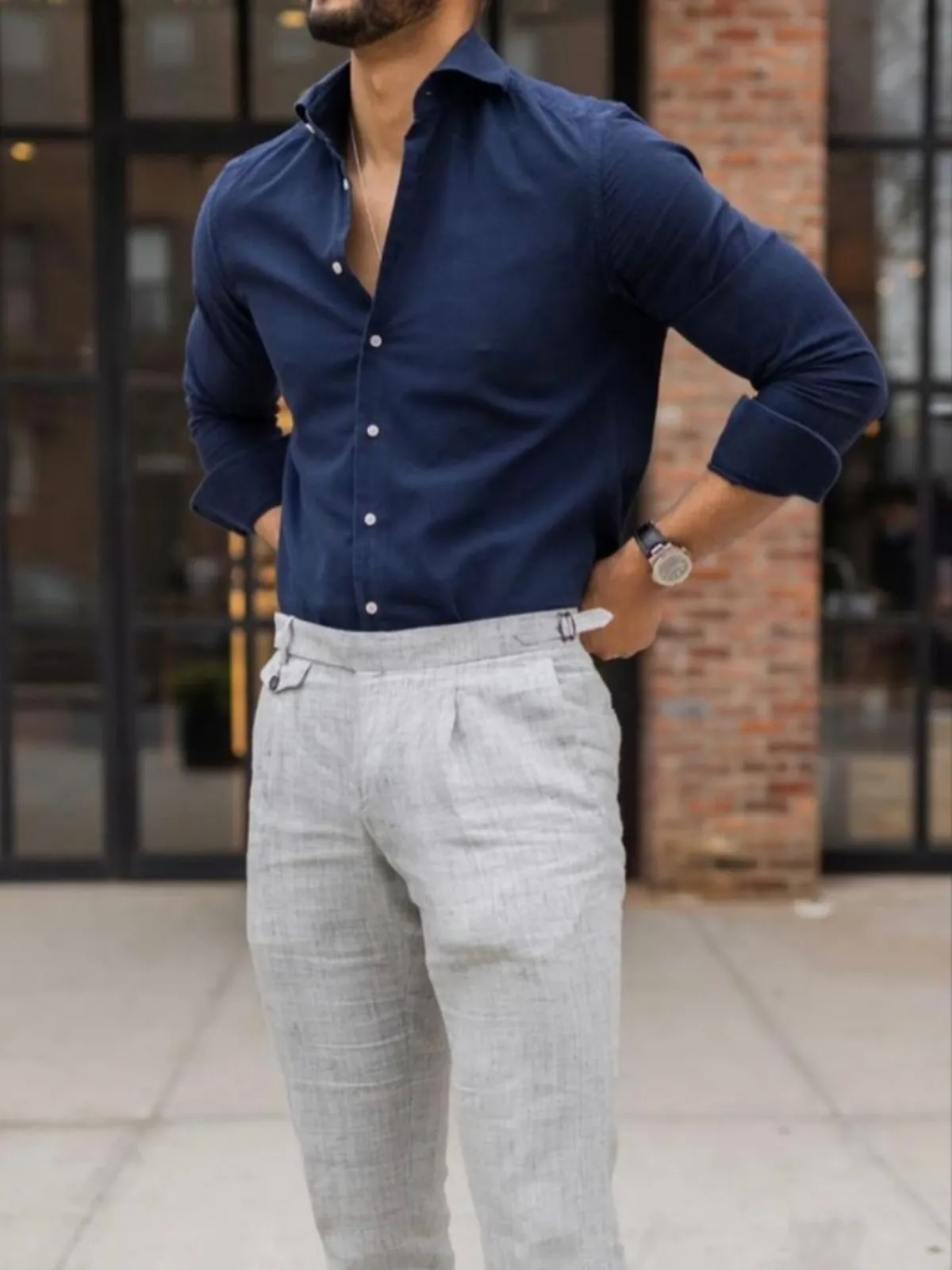 Navy Blue shirt light grey pants