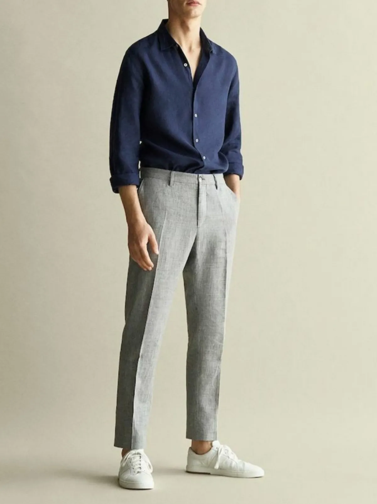 Navy Blue shirt light grey pants