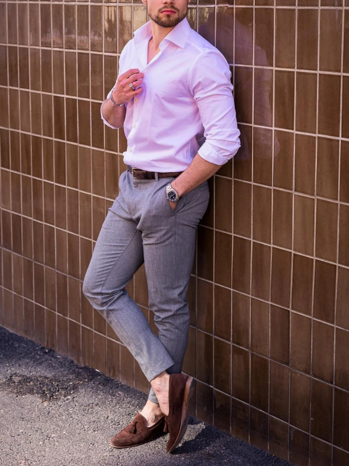 Light grey pants with light pink shirt