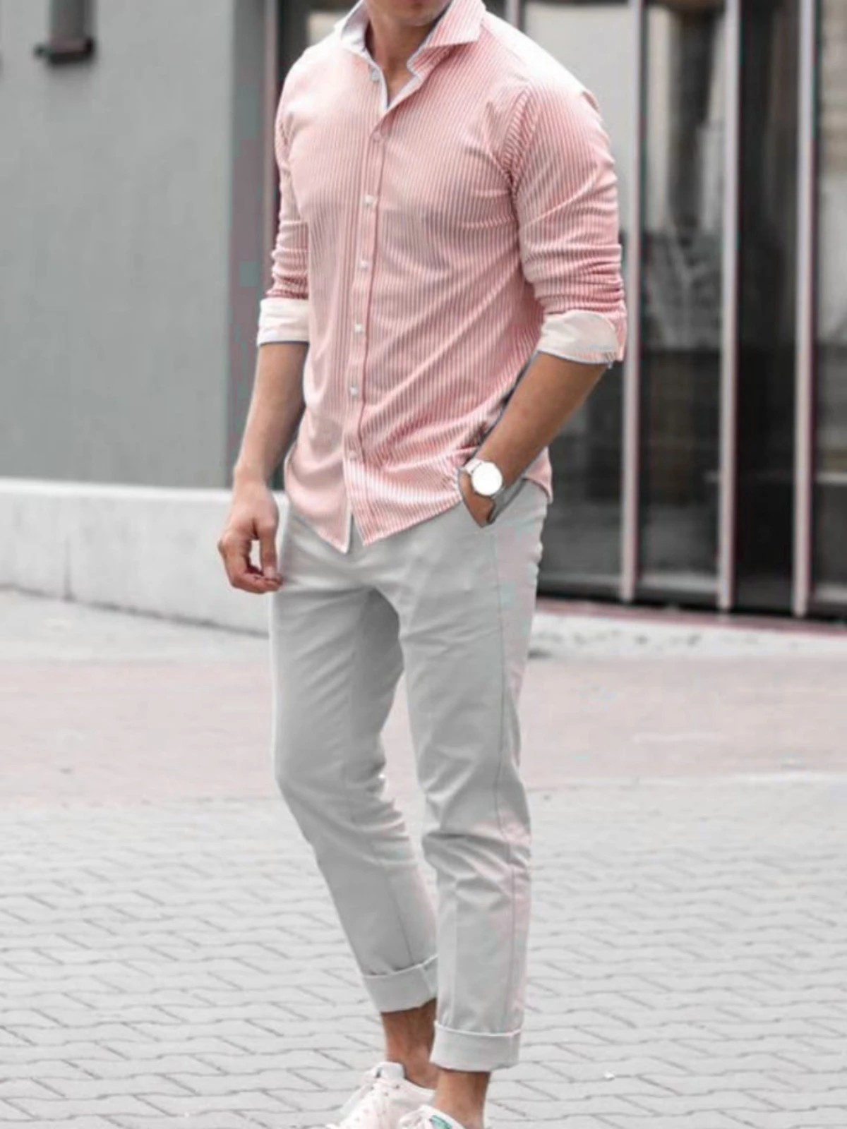 Pink shirt light grey pants