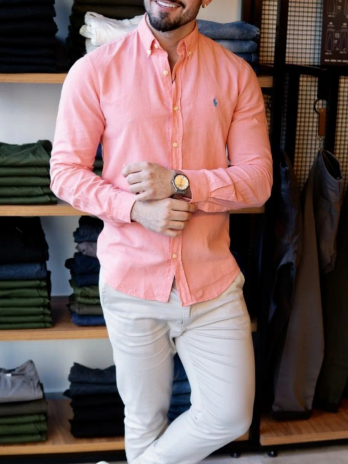 Peach colour shirt with light grey pants