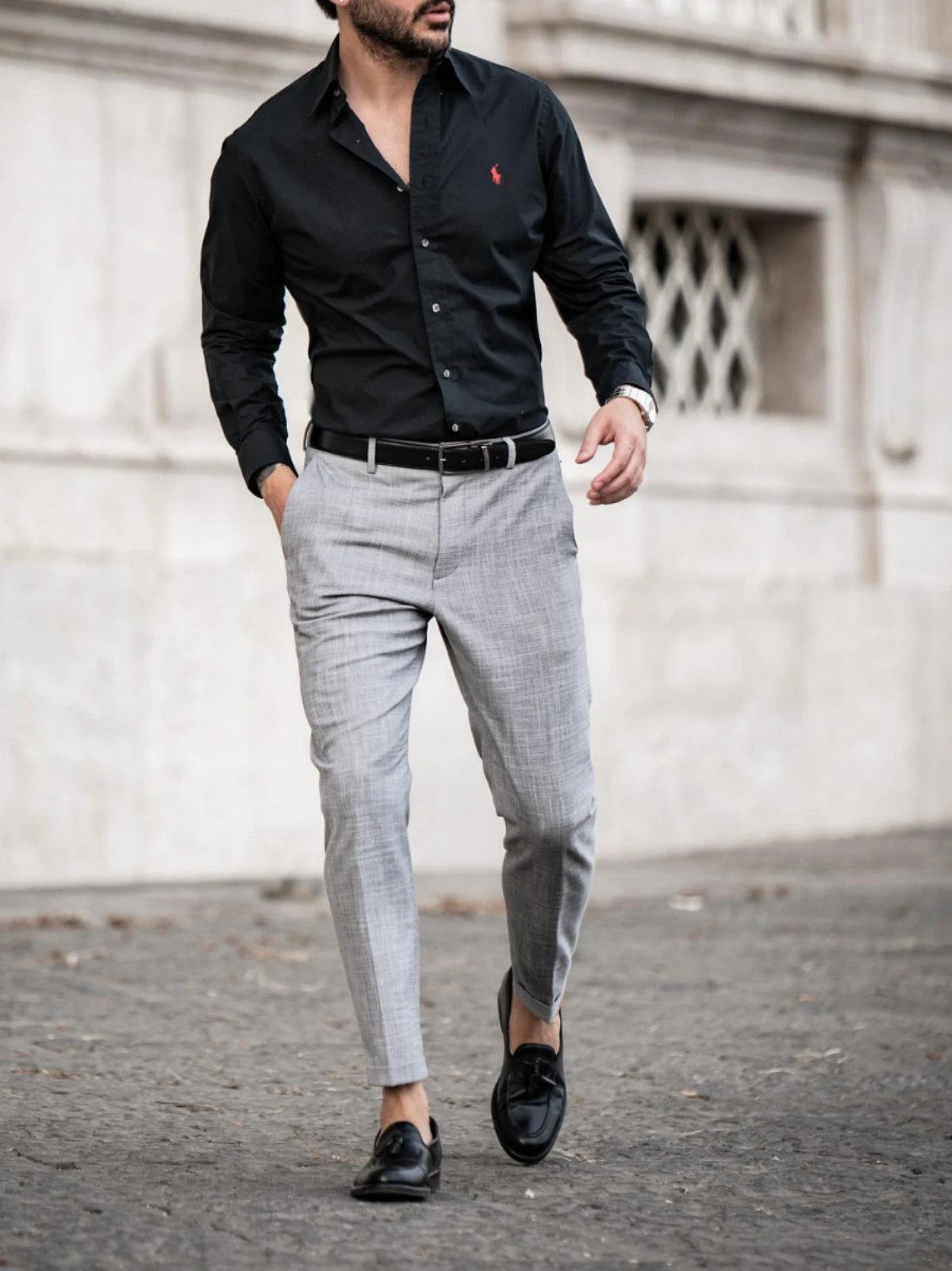 Black shirt with light grey pants