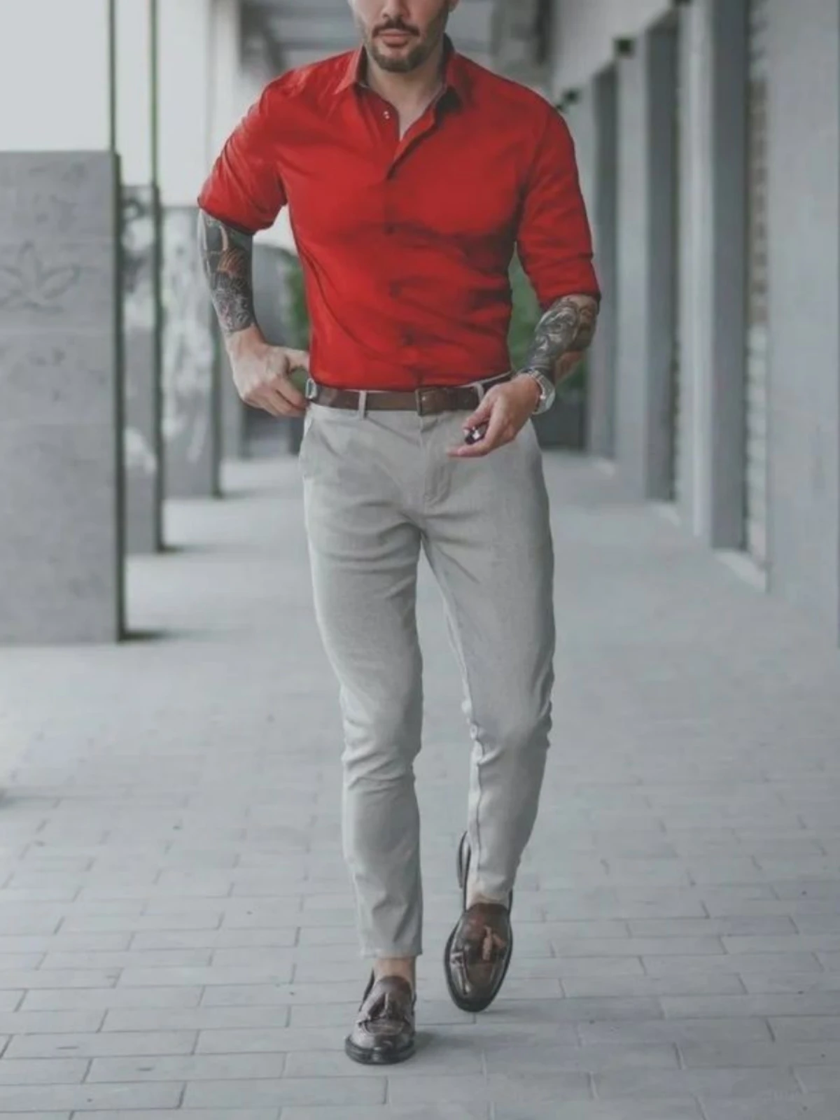 Light grey pants with red shirt