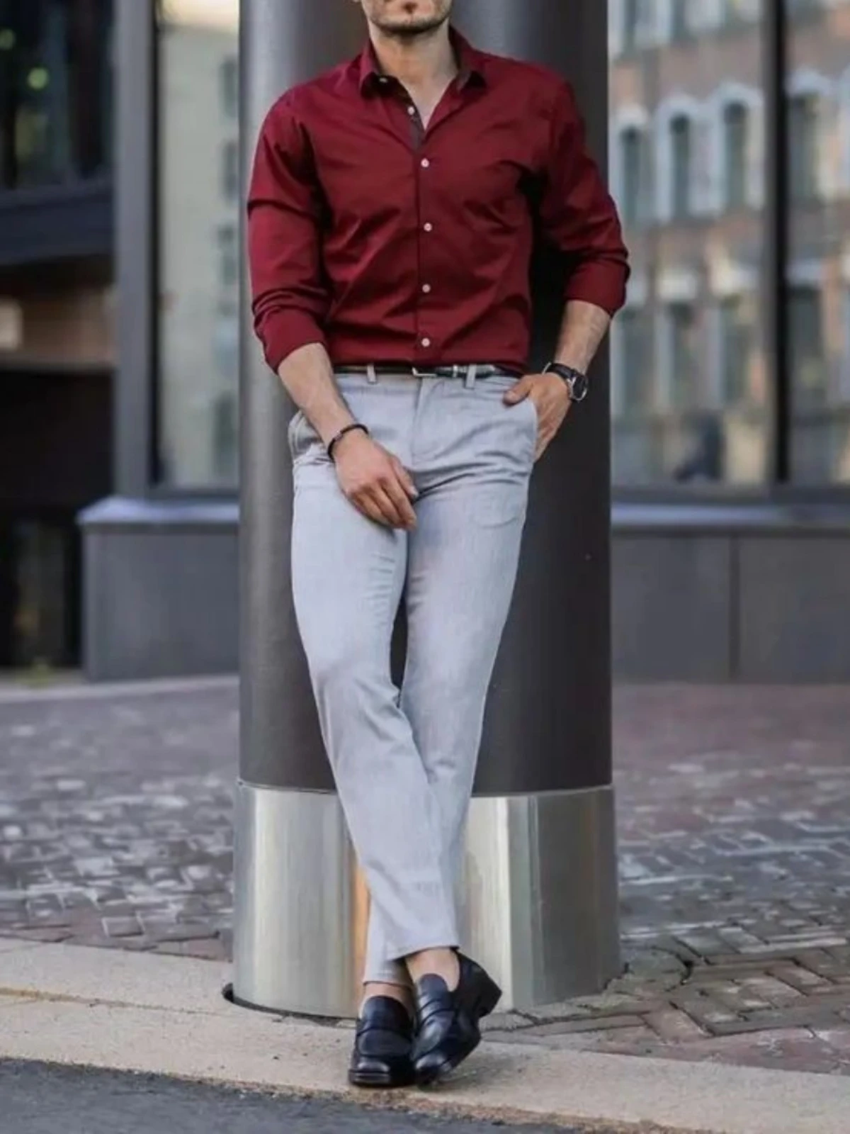Light grey pants with maroon shirt