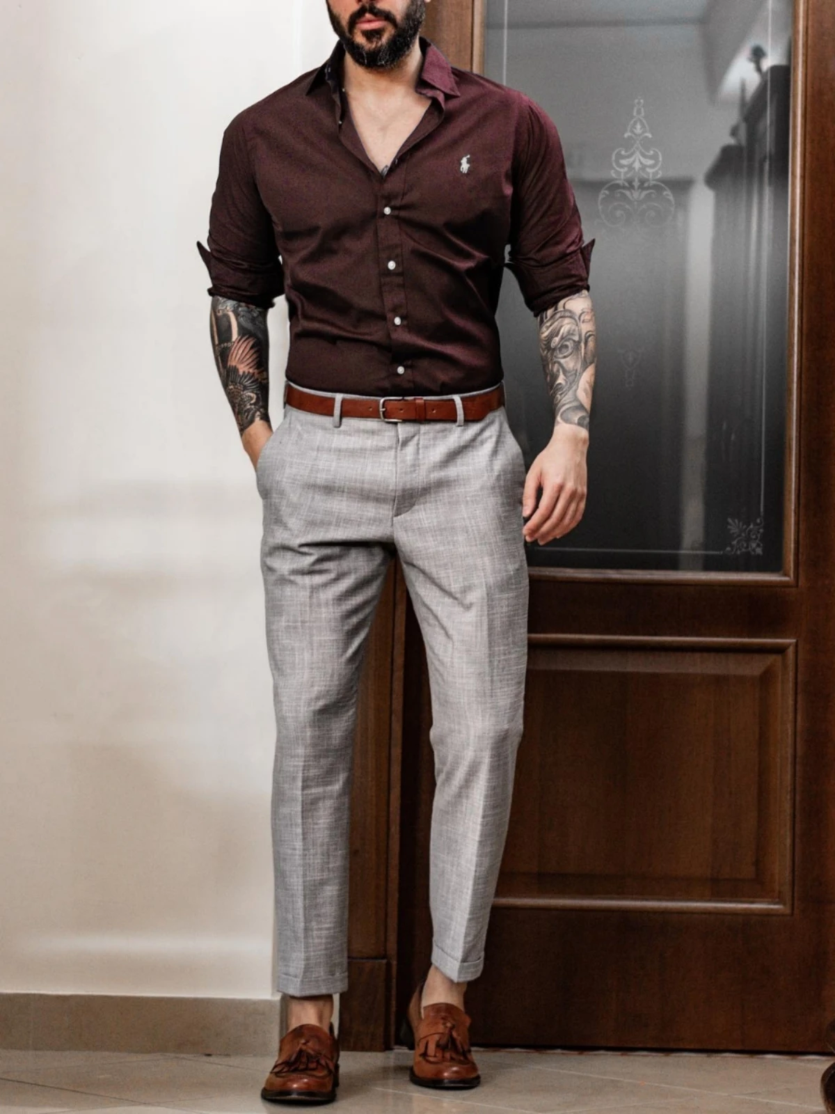 Light grey pants with brown shirt