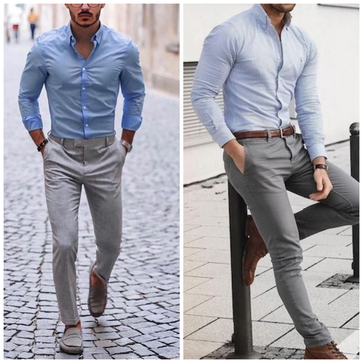 Light Blue shirt light grey pants
