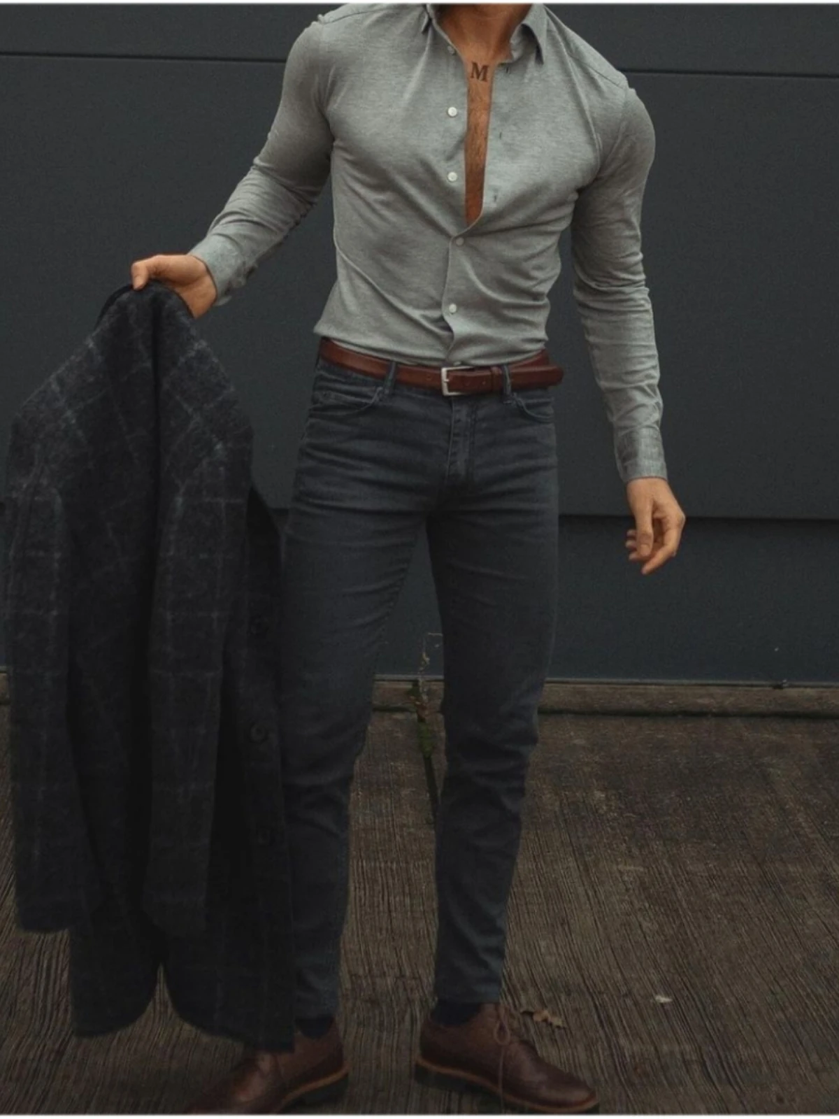 Light grey shirt with dark grey pants