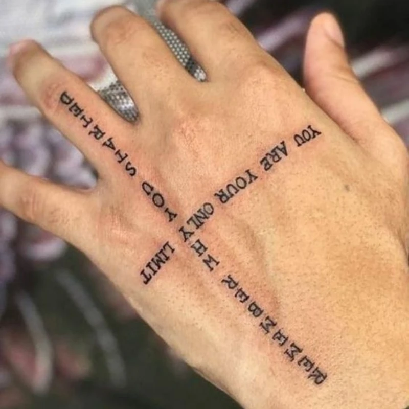 Small Text tattoo on finger and upper palm-