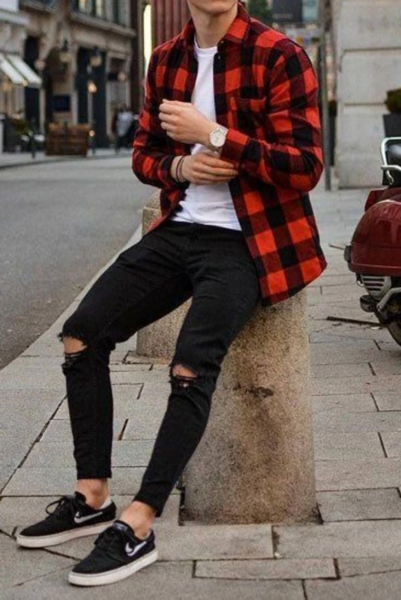 Red black check shirt with black jeans