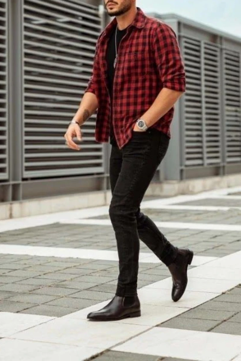 Red black check shirt with black jeans