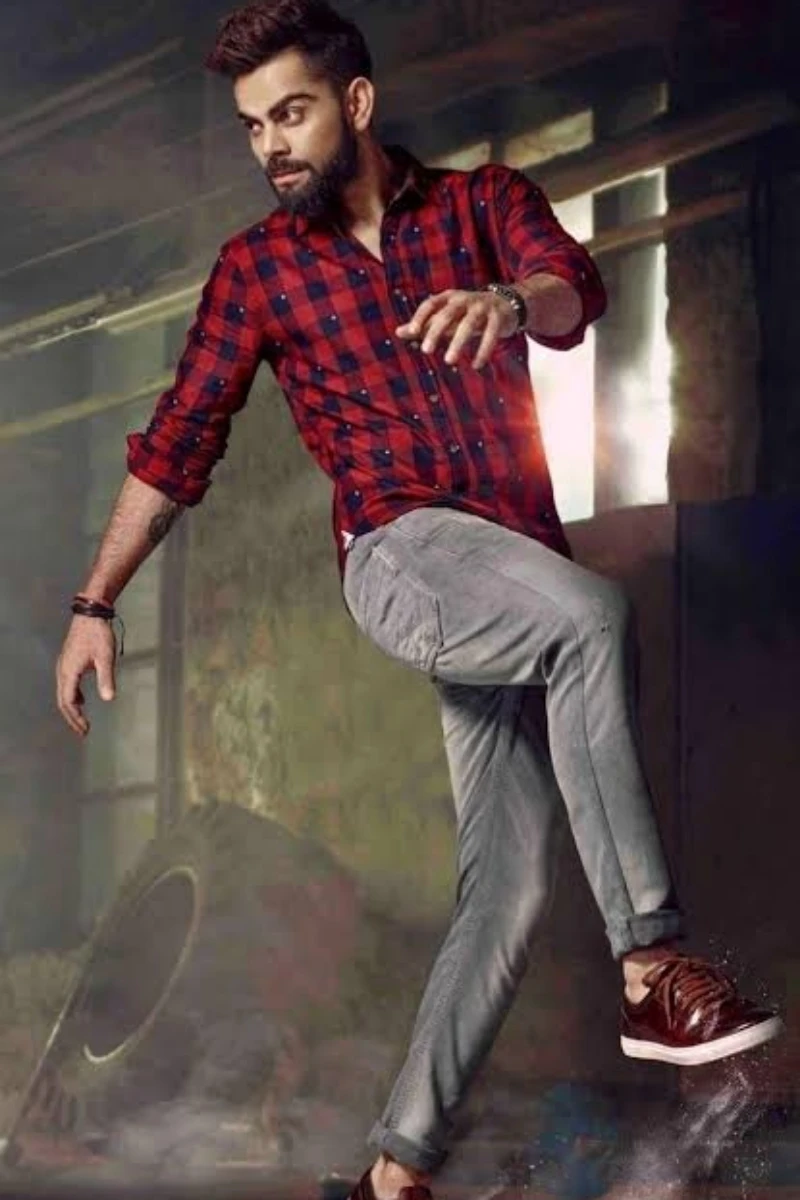 Red black check shirt with grey jeans