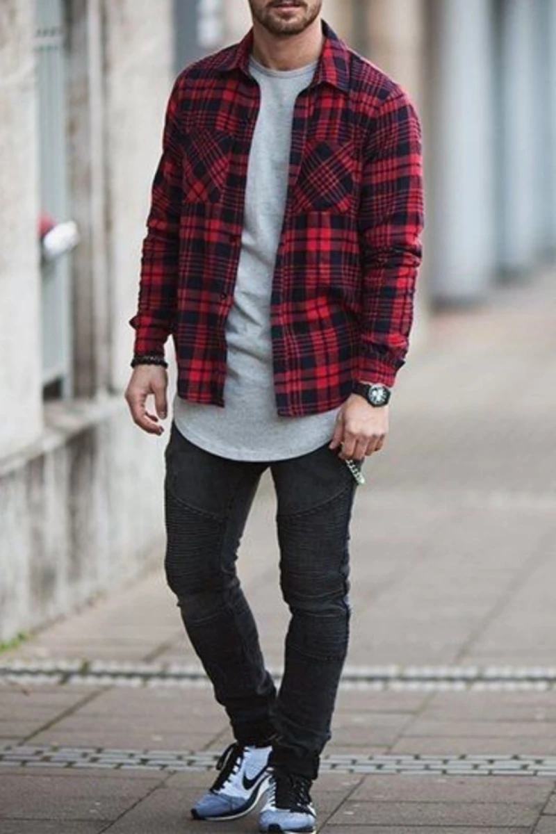 Red black check shirt with black pants