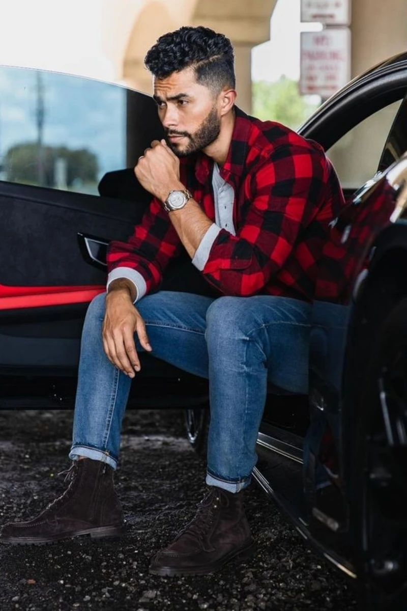 Red black check shirt with blue jeans