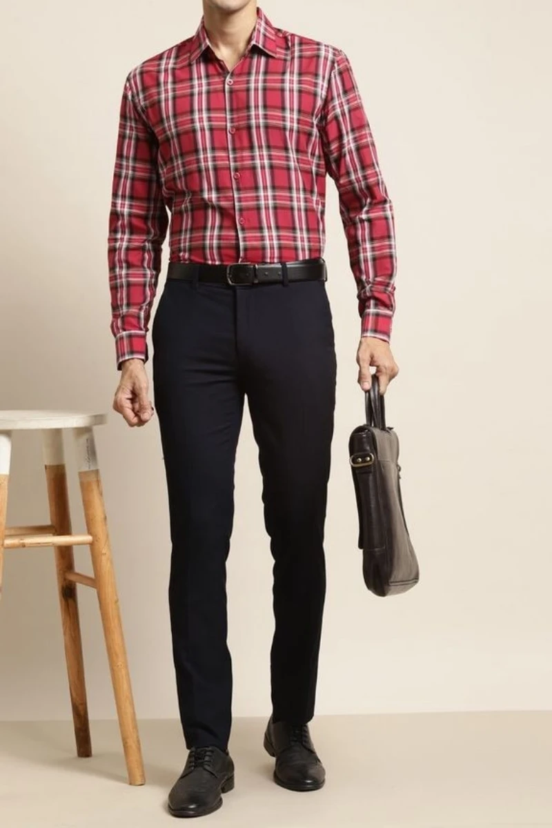 Red black check shirt with black trousers