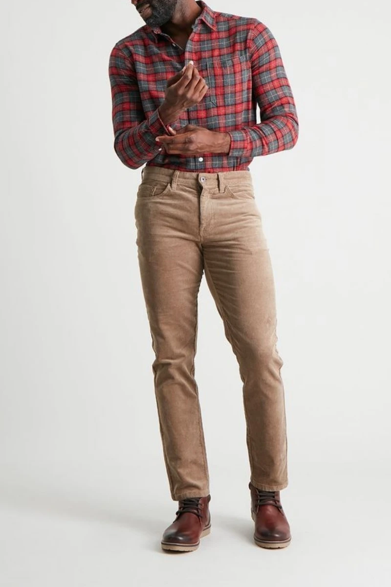 Red black check shirt with corduroys pants