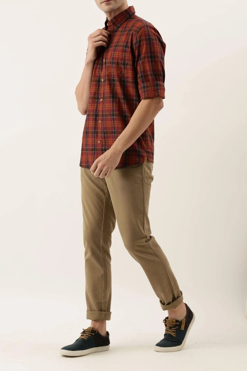 Red black check shirt with khaki chinos