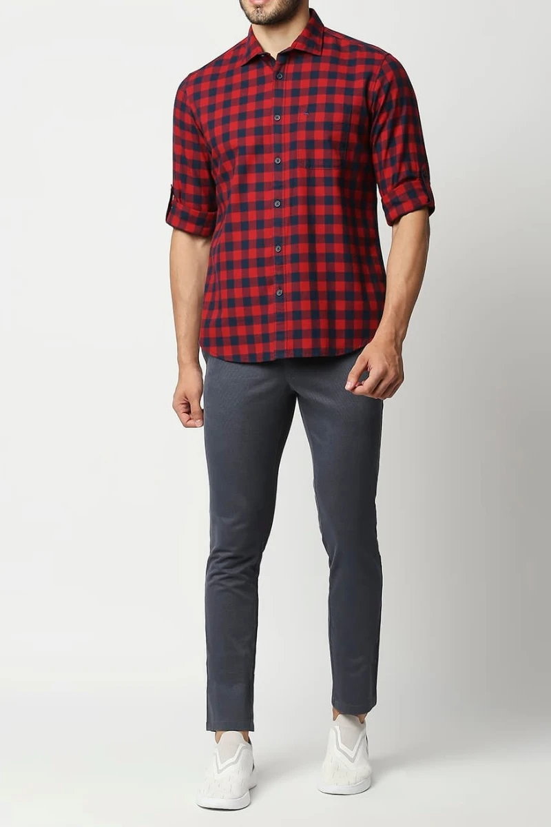 Red black check shirt with grey pants