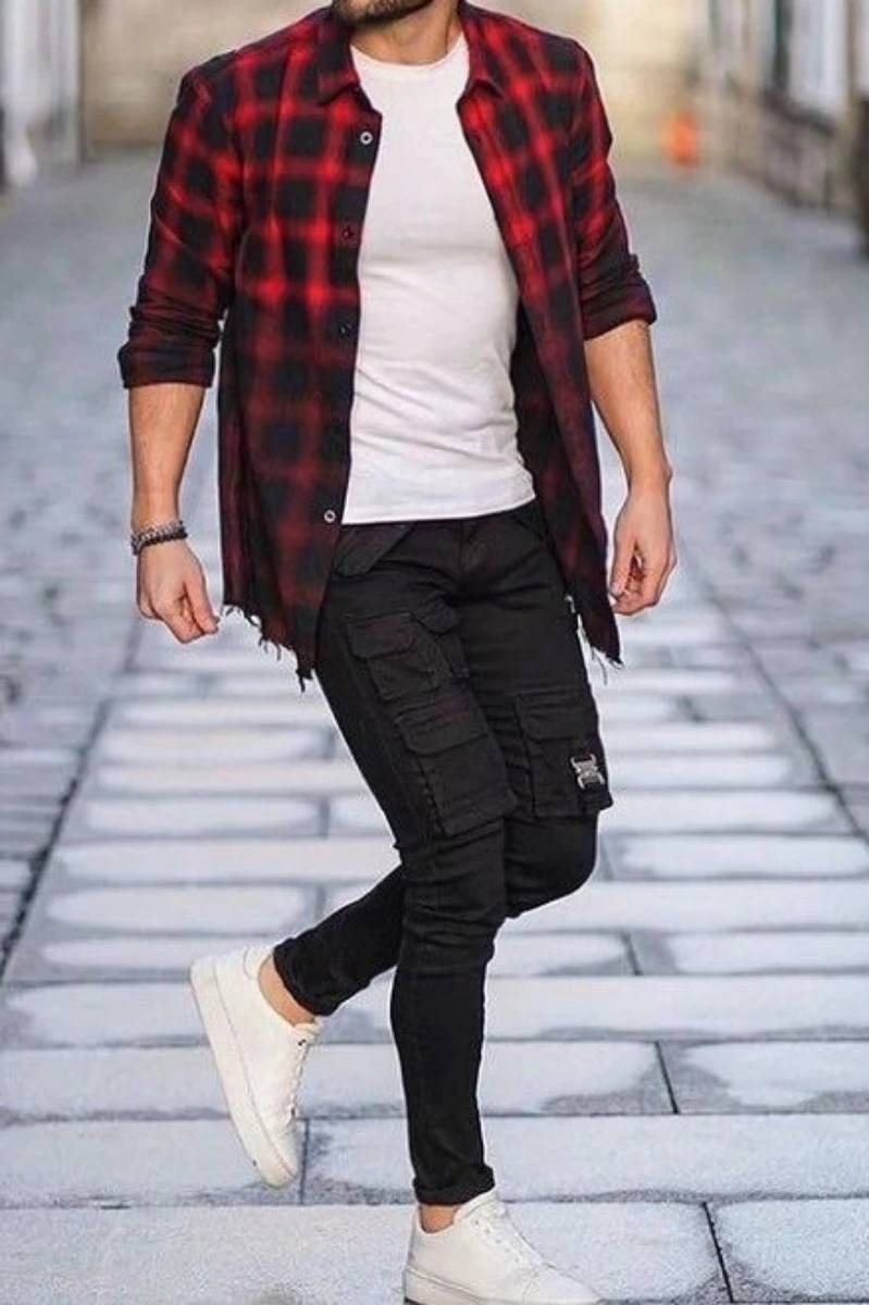 Red black check shirt with black jeans